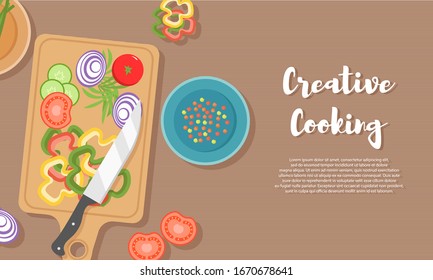 Cooking healthy food on kitchen. Useful meal on wooden table. Healthy eating, vegetables. Top view illustration of the kitchen utensil, chopping board with knife, dishes, plates and different foods. 