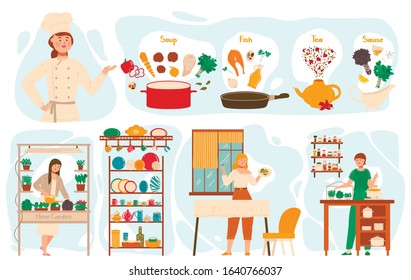 Cooking healthy food, recipe for homemade meal, vector illustration. Women cooking in home kitchen, set of illustrations for cookbook with cartoon characters. Recipe of soup, fish, sauce and tea