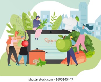 Cooking healthy recipe vector illustration. People cartoon character cook food from organic ingredient. Meal preparation with cookbook. Man and woman with pan, corolla, tomato, apple and cutting board