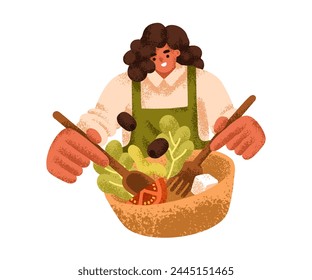 Cocinar ensalada saludable. Mujer preparando plato vegetariano, mezclando verduras frescas, ingredientes vitamínicos en el tazón. Preparación de comida cruda vegana. Ilustración vectorial plana aislada sobre fondo blanco