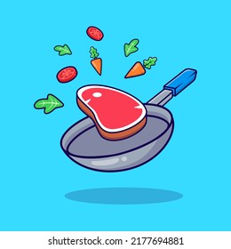  Cocina Vegetales y carne sanos en la sartén, cocina, utensilios de cocina ilustración vector diseño plano aislado 
