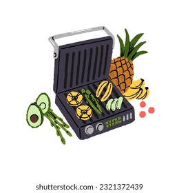 Cooking healthy vegetables, fresh fruits on electric grill. Natural vegan food, preparation process. Asparagus, avocado and pineapple slices. Flat vector illustration isolated on white background