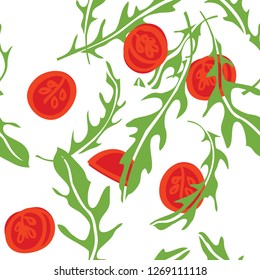 Cooking herbs Arugula and tomatoes Seamless pattern Hand drawing