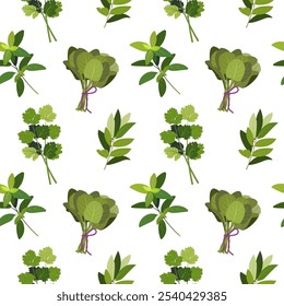 Cooking herbs and spice seamless pattern, Italian food and aroma herbs endless texture for wrapping design, hand drawn vector flat illustration on white. Spinach, mint, bay leaf, coriander, cilantro.