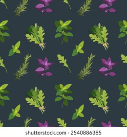 Cooking herbs and spice seamless pattern, italian food and aroma herbs endless texture for wrapping design, hand drawn vector flat illustration on dark. Basil, arugula, rosemary seamless pattern.