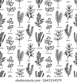 Cooking herbs and spices hand drawn vector seamless pattern