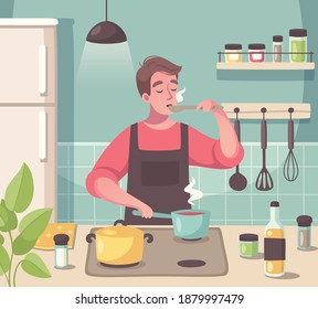 Cooking as hobby cartoon composition with man enjoying culinary experience tasting dishes in his kitchen vector illustration