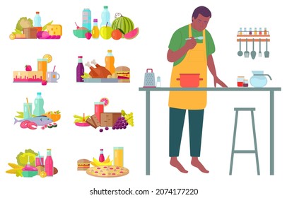 Cooking hobby of person in kitchen vector, isolated man with set of dishes and ingredients. Interest of character, kitchenware and preparation plates