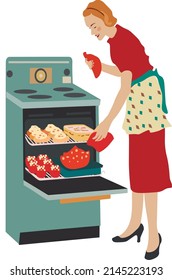 Cooking Holiday Meals In The Oven
Housewife At The Stove Preparing Dinner.illustration.retro Style.50s Style.fifties