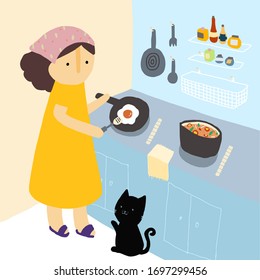 Cooking from home with black cat while in quarantine. vector concept