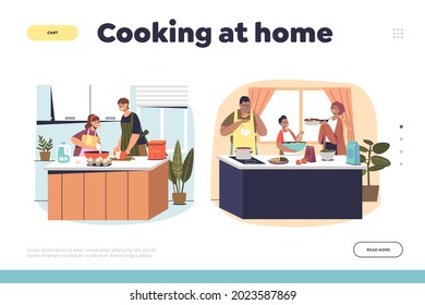 Cooking at home concept of landing page with parents prepare food lunch or dinner together with children of family kitchen indoors. Cartoon flat vector illustration