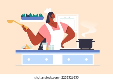 Cooking at home concept with people scene in flat design. Woman in apron and chef hat preparing lunch or dinner according to recipes in kitchen. Vector illustration with character situation for web