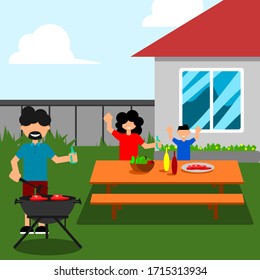 Cooking at home with family illustrations.  BBQ with family. stay at home with happiness