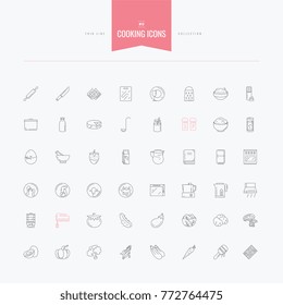 Cooking, home food, products, appliances and more. Thin and line icons set, flat design, vector illustration