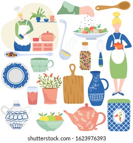 Cooking in home kitchen, isolated icons vector illustration. Set of stickers with kitchenware, dishes and decorative accessories. Housewife cooking meal at home, flat style cookware, kitchen utensils