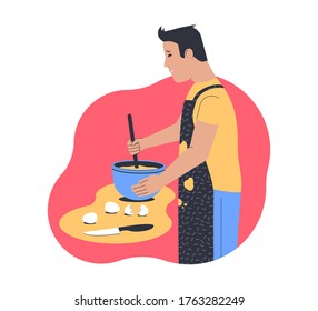 Cooking at home. Man cooks in the kitchen. Flat vector illustration