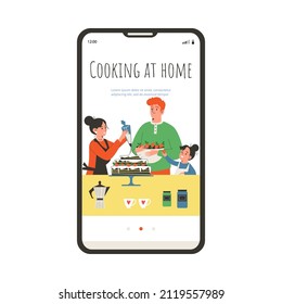 Cooking At Home Onboarding Web Page Layout For Mobile App, Flat Cartoon Vector Illustration. Mobile Phone App Start Screen With Family Cooking At Home.