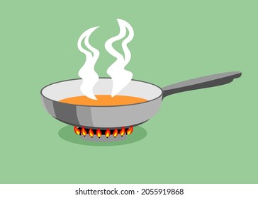 Cooking in home pan. Cartoon steel cooking pots with cooking food, concept of home dinner on stove, flaming gas burner heats kitchen 