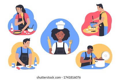 Cooking At Home. People Cooking On Kitchen.Set Of Characters In The Kitchen Isolated On White. Vector Illustration