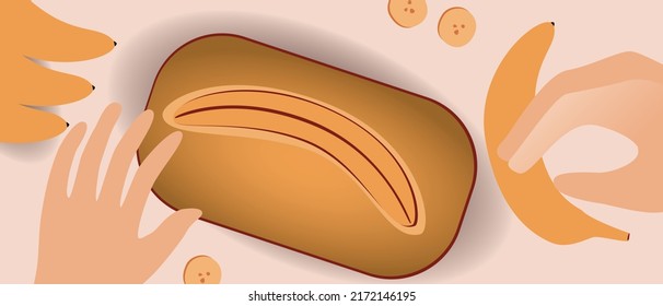 Cooking Homemade Banana Bread, Flat Vector Stock Illustration With Gluten Free Food And Hands