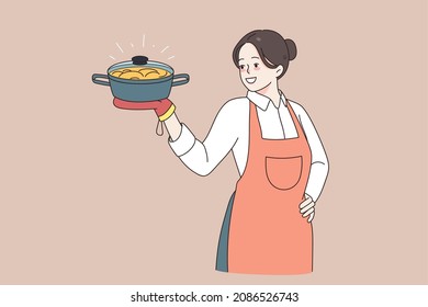 Cooking and homemade food concept. Young smiling woman chef in apron standing and holding fresh cooked dinner meal in hands vector illustration 