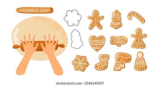 Cooking homemade traditional gingerbread cookies. Human hands roll out dough with manual rolling pin. Vector illustration isolated on white background. Bakery process Kitchenware, cooking utensil