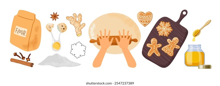 Cooking homemade traditional gingerbread cookies. Human hands roll out dough with manual rolling pin. Vector illustration isolated on white background. Bakery process Kitchenware, cooking utensil.