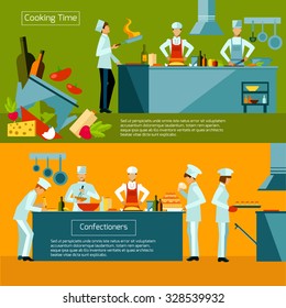 Cooking horizontal banner set with restaurant chef and assistant silhouettes isolated vector illustration