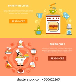 Cooking horizontal banners with home bakery ingredients chef and his tasks in flat style vector illustration 