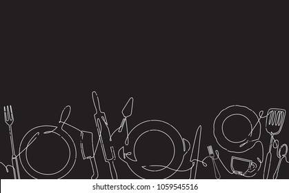 Cooking Horizontal Pattern. Background with Continuous drawing Utensils isolated on Black. Chalkboard style. Poster with Cutlery. Can be used for your Design Works. Vector illustration.