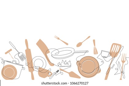 Cooking Horizontal Pattern. Utensils Background. Continuous Drawing Cutlery. Vector illustration.