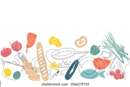 Patrón horizontal de cocina. Utensilios y antecedentes alimentarios.  Verduras, carne, productos hortícolas. Cubertería de dibujo continua. Ilustración vectorial.