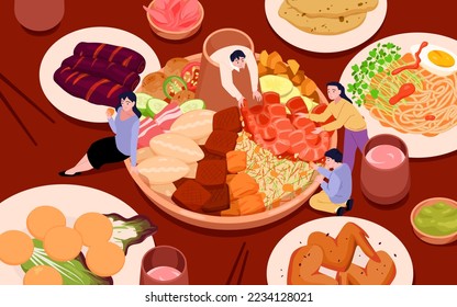 Cooking hotpot dish vector illustration. Cartoon tiny happy family people gathering together and cooking delicious hot feast meal in pot on table, cute characters cook gourmet spicy meat and vegetable