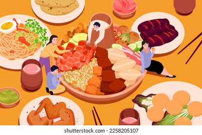 Ilustración vectorial del plato caliente de cocina. Caricatura de la pequeña familia cocinan deliciosa comida asiática caliente en la mesa para la cena de la reunión china en casa, comidas frescas para la feliz celebración del festival