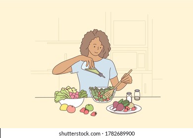 Cooking, hunger, food, health, vegetarian care concept. Young happy hungry smiling african american woman girl vegan pouring olive oil in vegetable breakfast salad. Healthy lifestyle illustration.