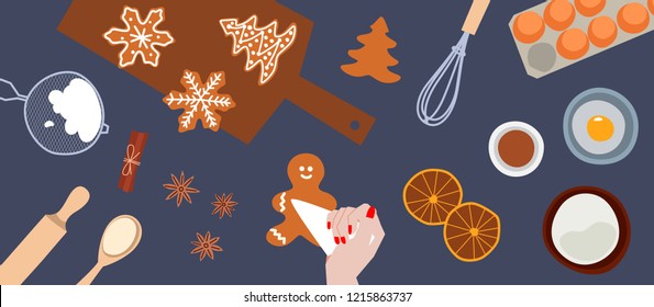 Cooking and icing ginger cookies. Process of decorating gingerbread. Culinary master class. Top view. Prepare christmas food. Vector flat cartoon style. Illustration for banner, advertising. 