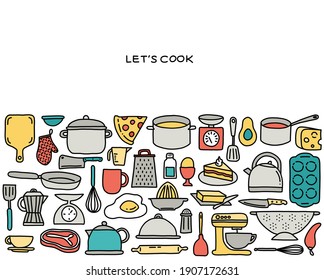 Cooking icon banner hand illustrated doodles