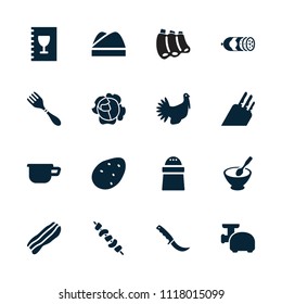 Cooking icon. collection of 16 cooking filled icons such as potato, pepper, kebab, turkey, chef hat, menu, bacon, meat grinder. editable cooking icons for web and mobile.