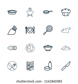 Cooking icon. collection of 16 cooking outline icons such as drink and food, pie, menu, pan, knife, sausage, cabbage, barbeque. editable cooking icons for web and mobile.