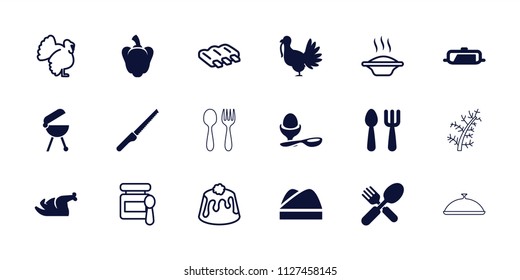 Cooking icon. collection of 18 cooking filled and outline icons such as pan, boiled egg, chef hat, sausage, turkey, baby food, soup. editable cooking icons for web and mobile.