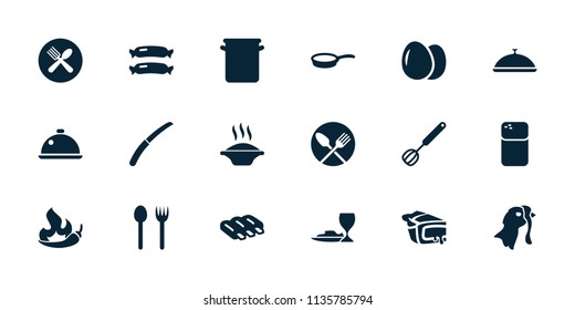 Cooking icon. collection of 18 cooking filled icons such as egg, sausage, fork and spoon, soup, pie, gardening knife, dish, corolla. editable cooking icons for web and mobile.