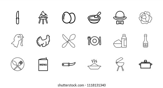 Cooking icon. collection of 18 cooking outline icons such as egg, plate fork and spoon, porridge, knife, gardening knife, turkey. editable cooking icons for web and mobile.