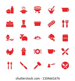 Cooking icon. collection of 25 cooking filled icons such as plate fork and spoon, soup, pot, boiled egg, turkey, bbq, chef, menu. editable cooking icons for web and mobile.