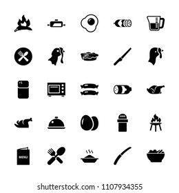 Cooking icon. collection of 25 cooking filled icons such as egg, turkey, sausage, chili, pie, chicken, fork and spoon. editable cooking icons for web and mobile.