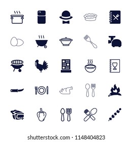 Cooking icon. collection of 25 cooking filled and outline icons such as chili, pie, gardening knife, bbq, menu, meat grinder. editable cooking icons for web and mobile.