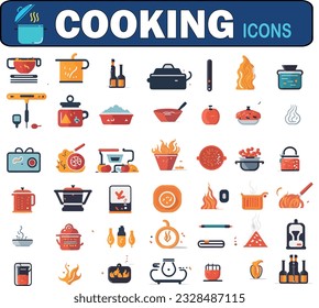 Cooking icon collection. Boiling time, Frying pan and Kitchen utensils. Fork, spoon and knife line icons. Recipe book, chef hat and cutting board. Cooking book, frying time, hot pan. Vector 