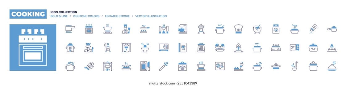 Coleção de ícones de cozinha. Estilo de linha em negrito. Cores duotônicas. Livro de receita editável, misturador, panela, barbacue, panela no fogo, ralador, forno, aspargos, panela de cozinha.