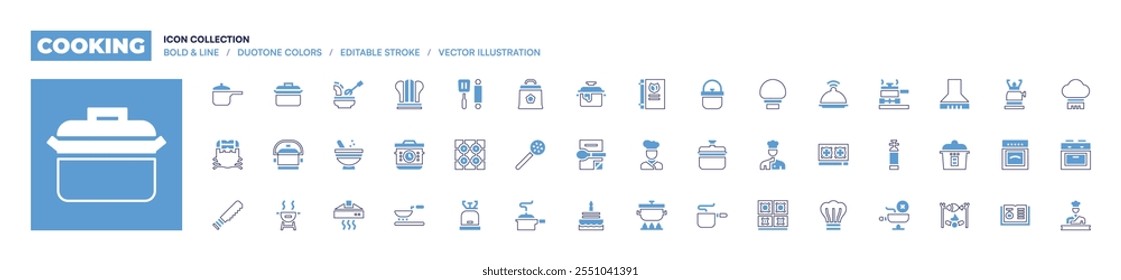 Cooking icon collection. Bold line style. Duotone colors. Editable stroke. pot, recipe, skimmer, cake, cooking pot, charcoal, pressure cooker, recipe book, chef, cooking.