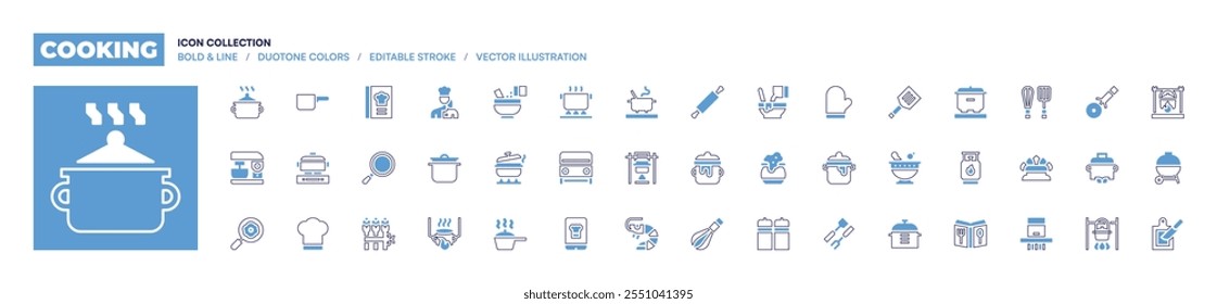 Sammlung von Kochsymbolen. Fette Linienart. Duotonfarben. Bearbeitbarer Strich. Kochtopf, Kochen, Grill, Rollnadel, Topf, Whisk, Koch, Smartphone, Garnelen.