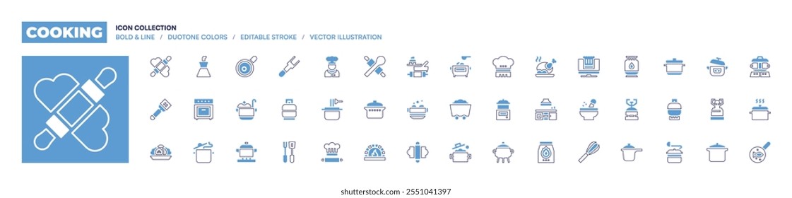 Cooking icon collection. Bold line style. Duotone colors. Editable stroke. cook, pasta, cooking, pot, coal, rolling pin, chef hat, saucepan, stone oven, cooking pot.